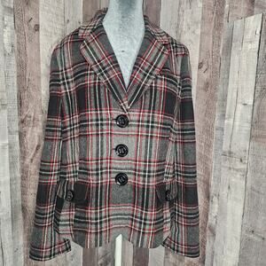 Talbots Plaid Gray Red Wool Blend Lined Blazer Women's Vintage Large 12 Holiday